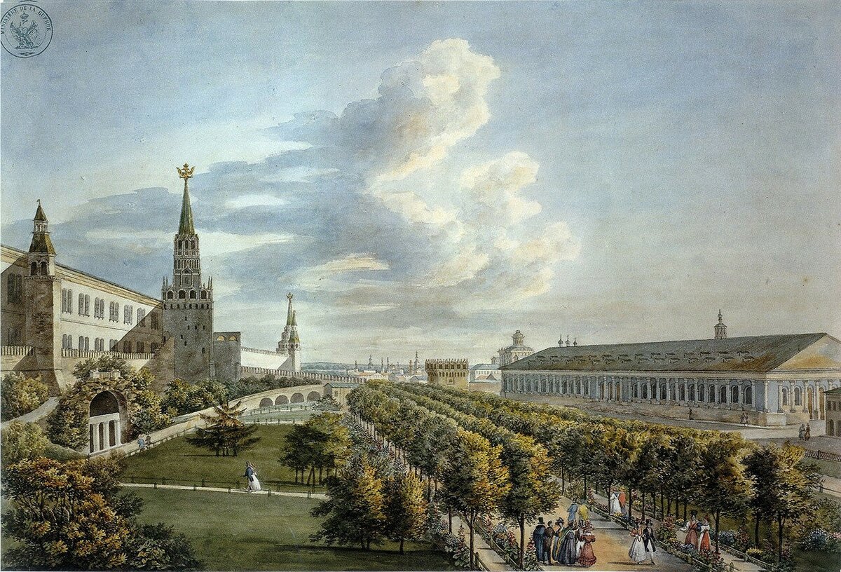 Манеж и Кремлёвский сад, 1823-1824, литография О. Кадоля
