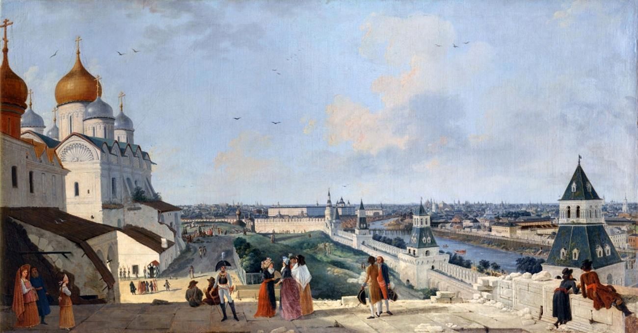 Вид на Москву с балкона Кремлёвского дворца в сторону Москворецкого моста, картины по гравюре Ж. Делабарта, 1798г.