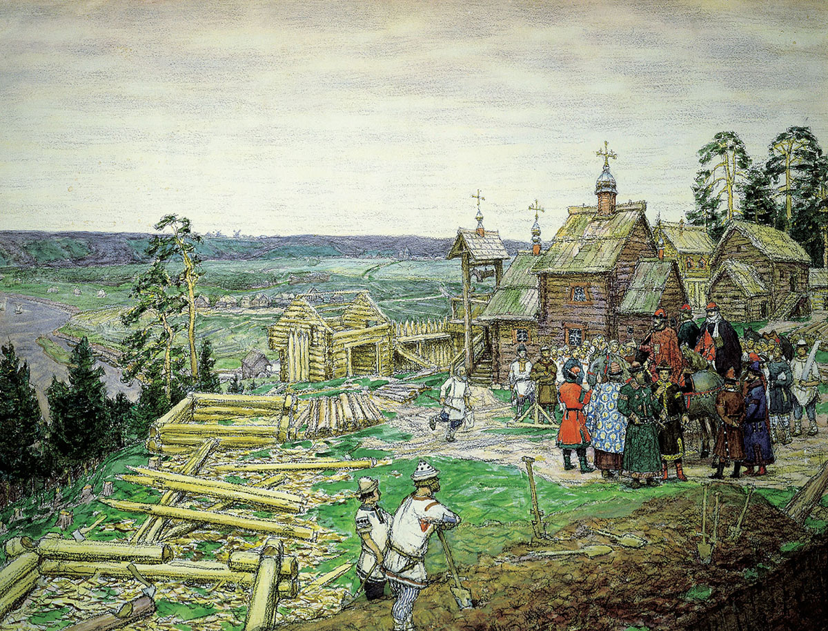 Постройка первых деревянных стен Кремля Юрием Долгоруким, художник А.М.Васнецов