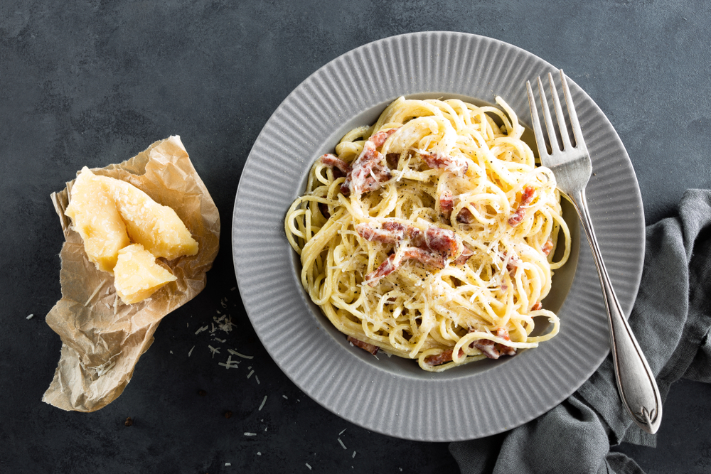 Carbonara,Pasta,,Spaghetti,With,Pancetta,,Egg,,Hard,Parmesan,Cheese,And
