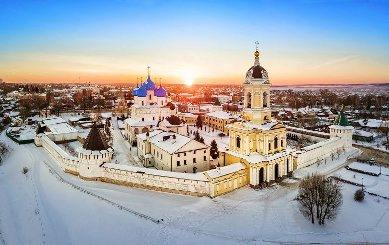 Aerial view of Vysotskiy monastery at sunrise in Serpukhov