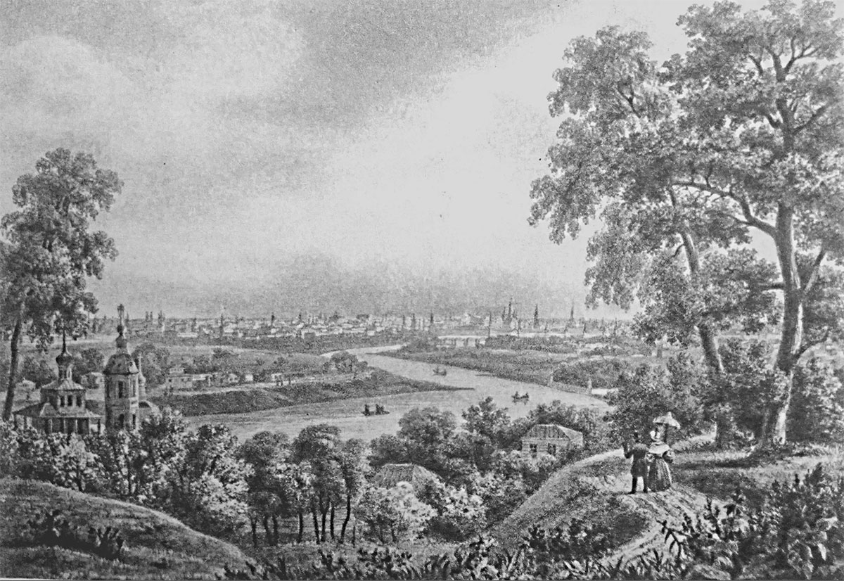 Вид на Москву с Воробьевых гор, 1820-1830 год, рисунок А. Кадоля