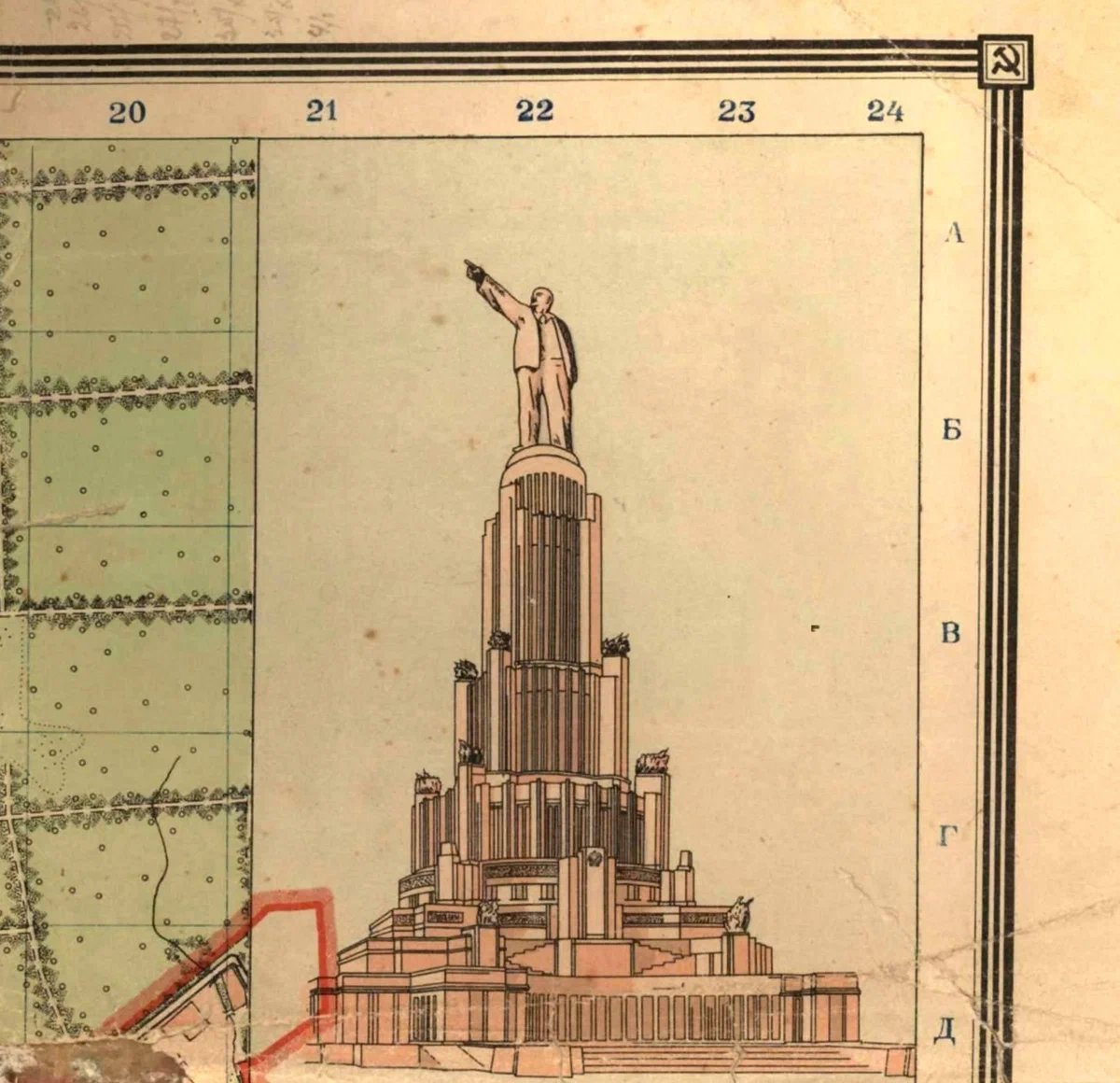 Дворец Советов на "Плане города Москвы" 1940-го года, проект составлен и издан Геодезической конторой Управления планировки г. Москвы.