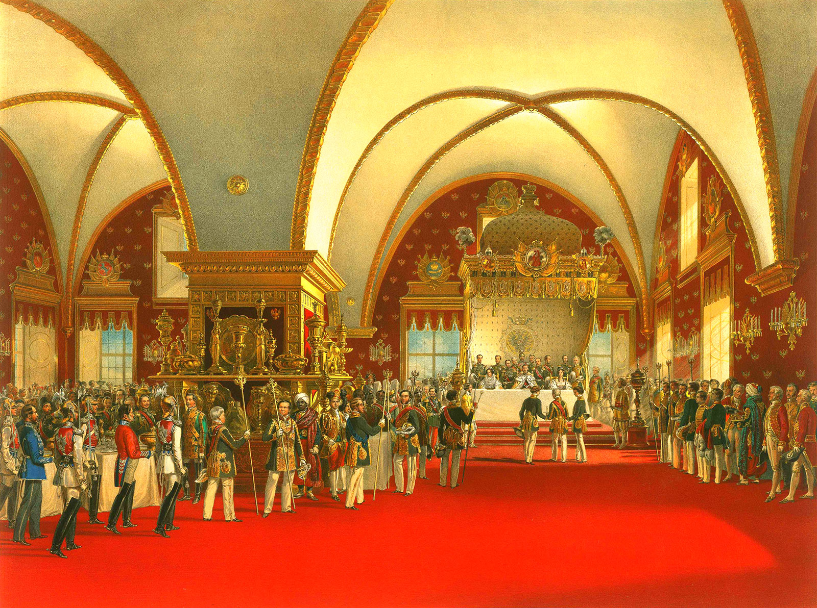 Высочайший обеденный стол в Гранатовой Палате по случаю коронования Александра II, художник Тимм В. Ф., 1856 год