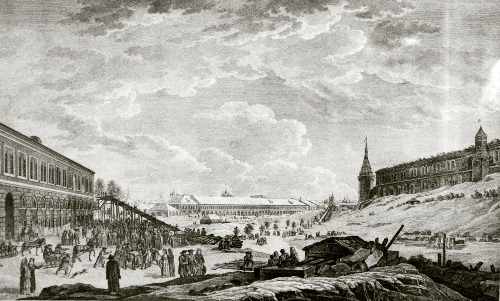 Вид Ледяных гор в Москве во время сырной недели (масленицы), фотограф Georg Oberkogler, 1799 год