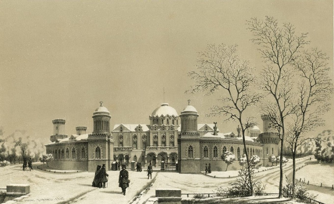 Петровский Путевой дворец в Москве, гравюра М.Дюран, 1838 год
