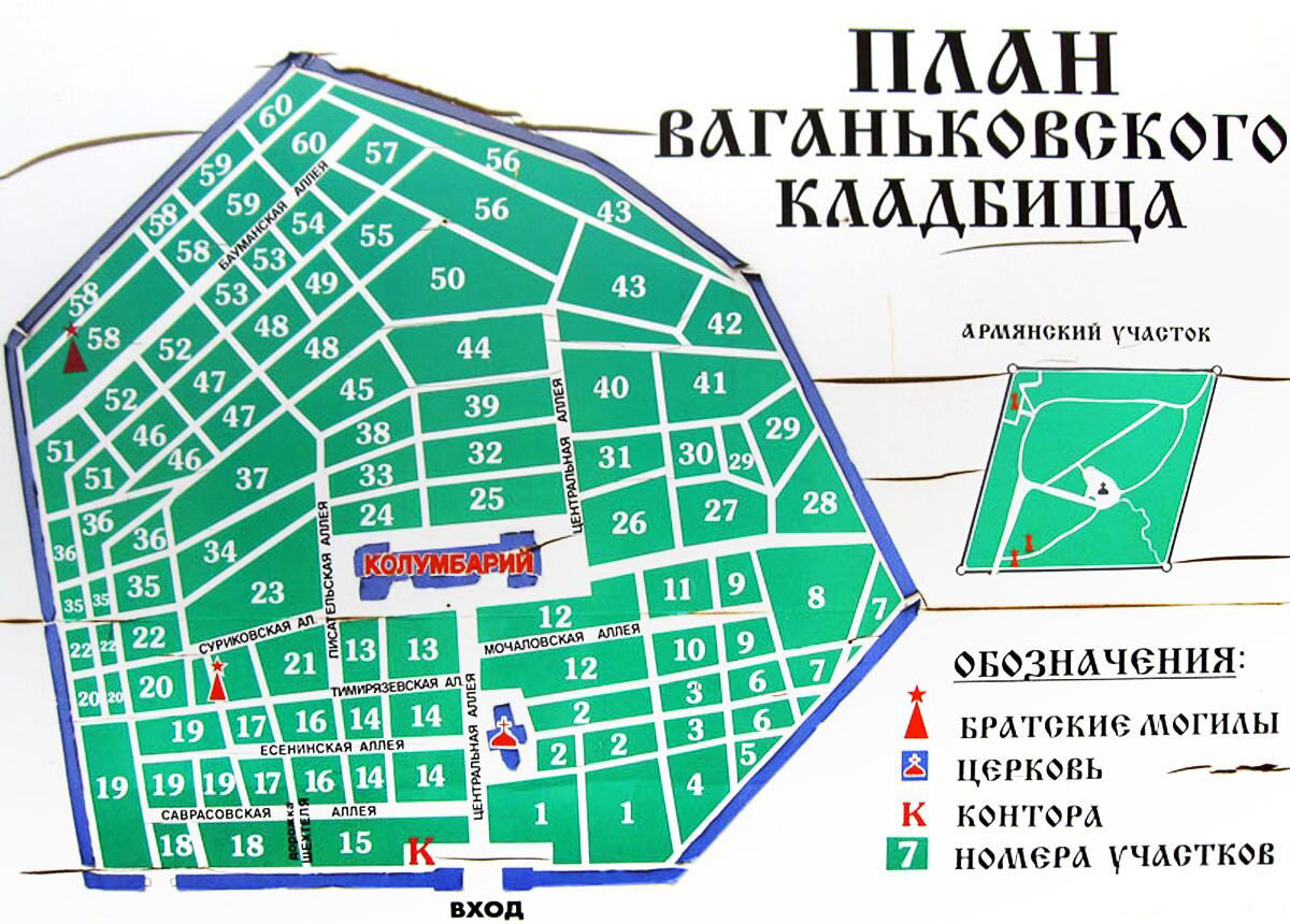 План-схема Ваганьковского кладбища в Москве