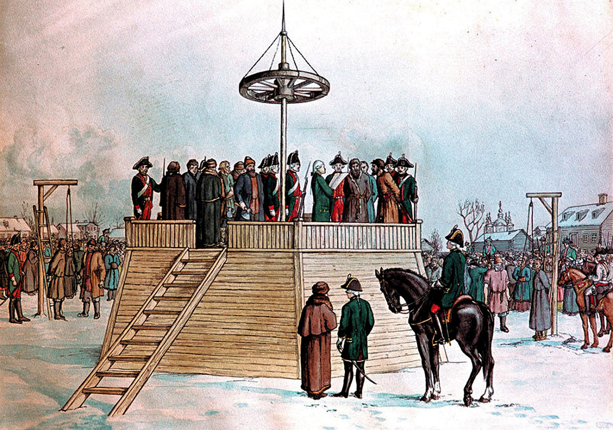 Казнь Пугачева на Болотной площади, рисунок Андрея Болотова, 1775 год