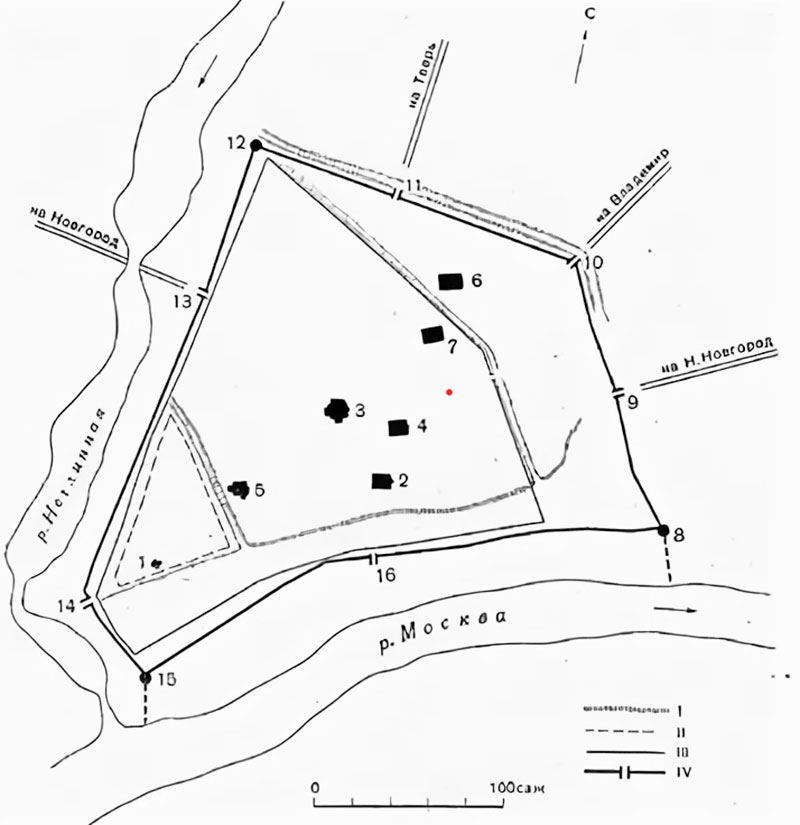 Схема развития крепости Москвы 1156-1367 гг.
